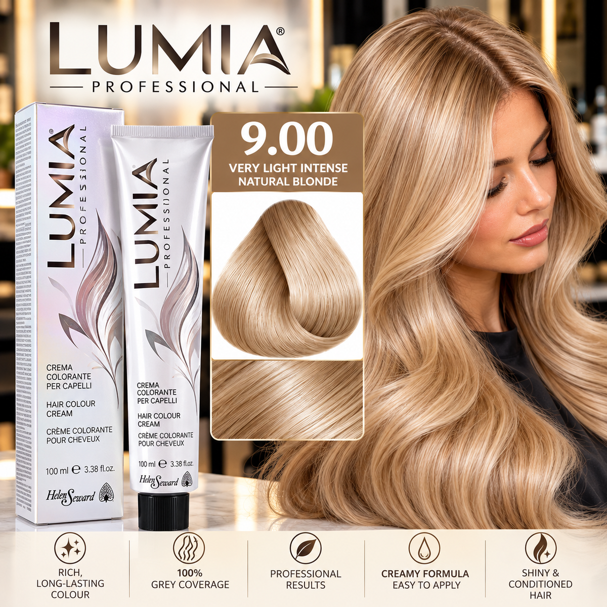 Lumia 9.00 Very Light Intense Natural Blonde professional hair colour shown beside the finished blonde shade result.