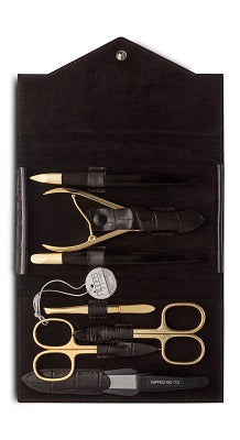 Nippes CROCO, manicure set, 7 pcs. Gold-plated instruments, leather case, crocodile embossing, dark brown - Tulipa Hair & Beauty